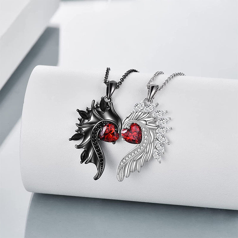 Angel Devil Wings Couple's Pendant Diamond Loving Heart Zircon Necklace