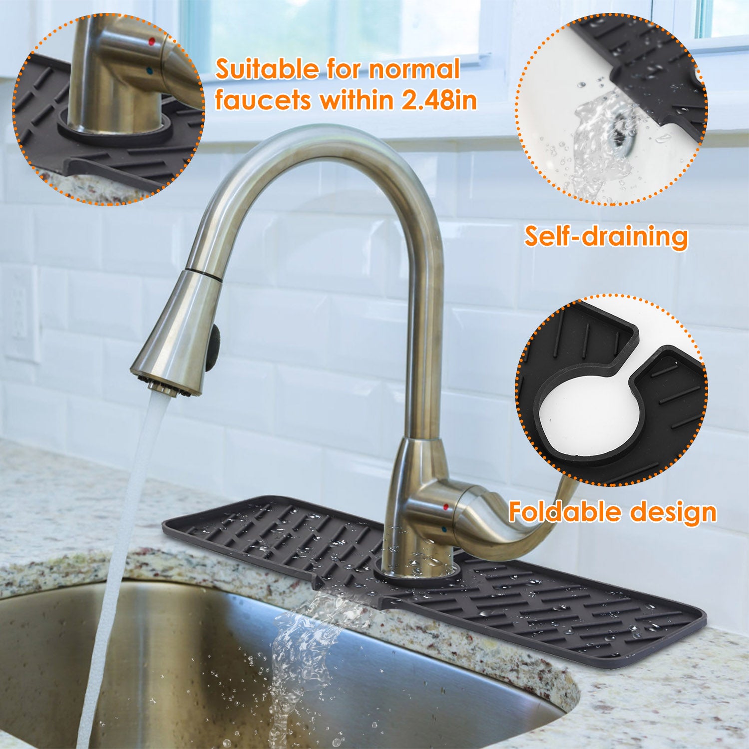 Black-Grey Color Options -- 1Pc Silicone Faucet Mat Kitchen Sink Splash Guard Drain Mat Drying Pad Kitchen Mat Bathroom Drip Catcher