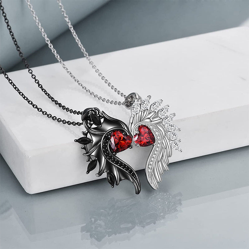 Angel Devil Wings Couple's Pendant Diamond Loving Heart Zircon Necklace