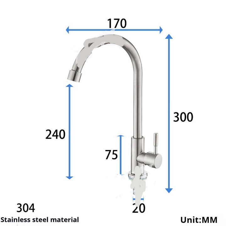 304 Stainless Steel Kitchen Faucet Large Curved Faucet Stainless Steel Sink Flat Tee Faucet