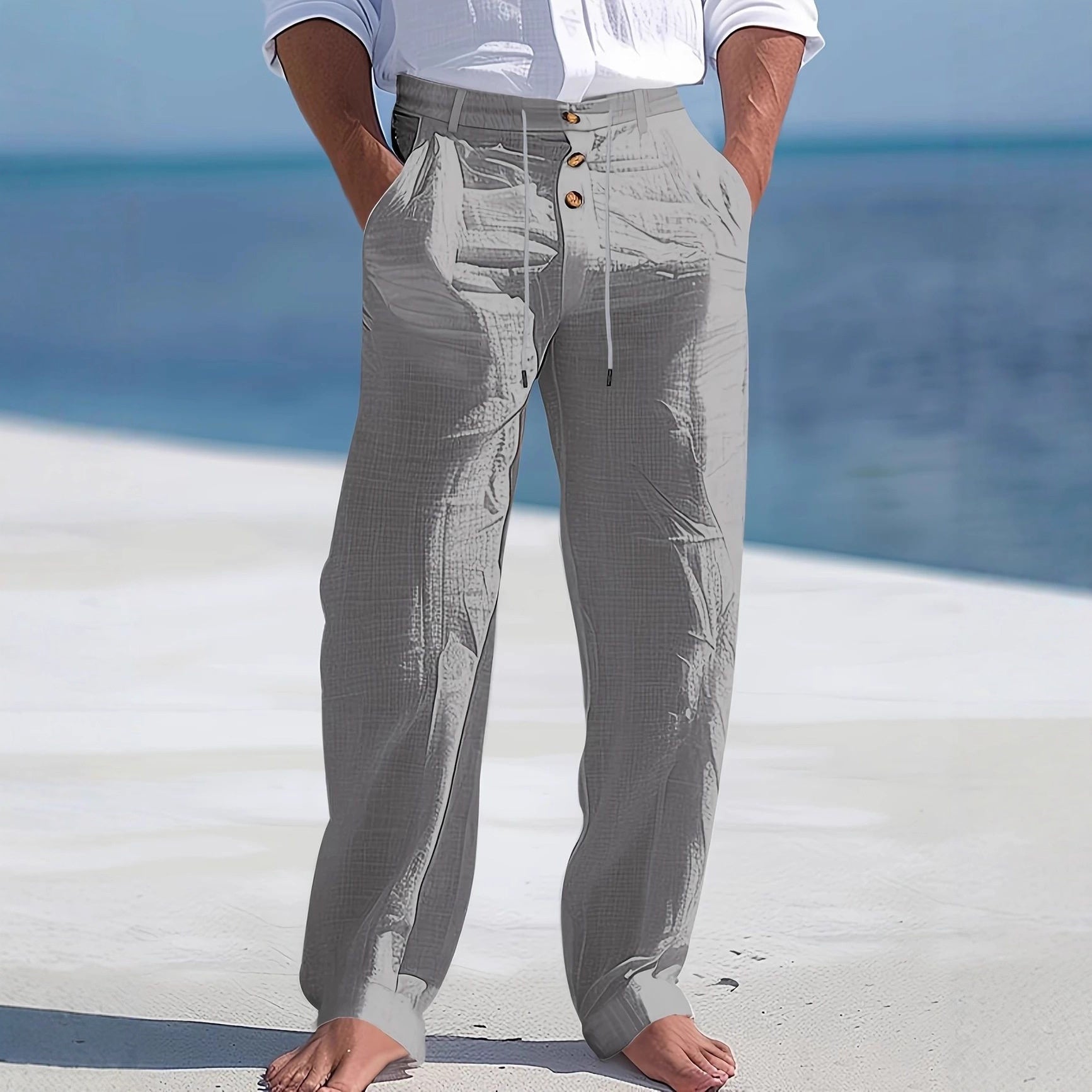Front Pocket Straight Pure Color Comfort Breathable Men's Linen Pants Trousers