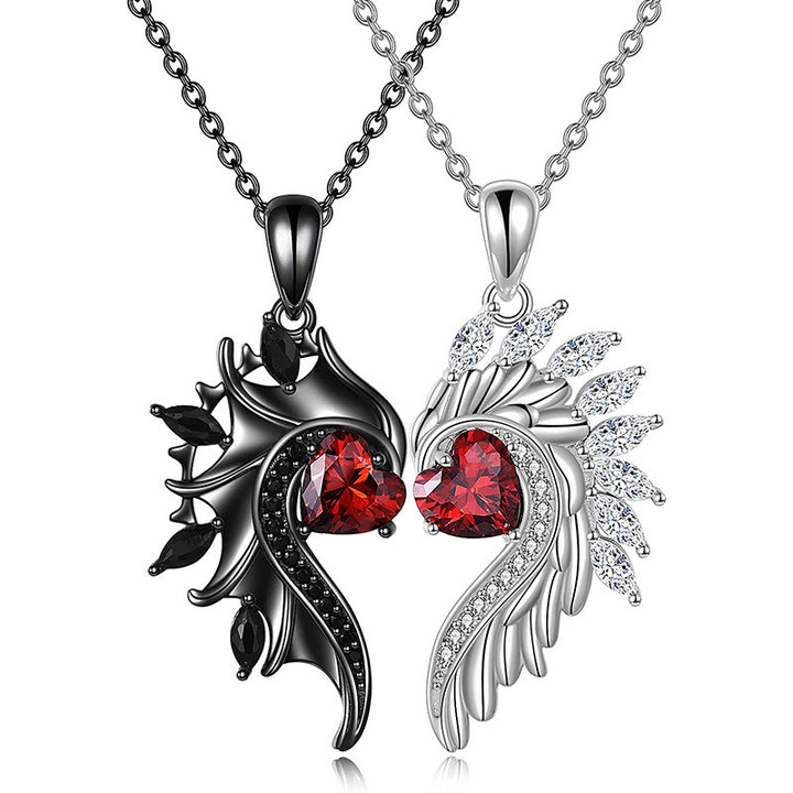 Angel Devil Wings Couple's Pendant Diamond Loving Heart Zircon Necklace